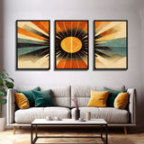 Abstract Midcentury Modern Sunburst, Art Deco Style art, sun with rays, sun burst, boho style, 3 Piece Wall Art, Ready To Hang Canvas Print