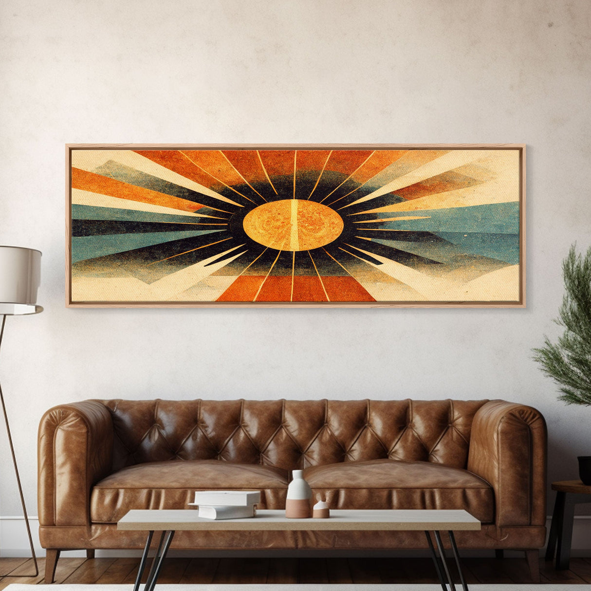 Sunset Art Deco Sunburst Wall Art, Ready To Hang Canvas Print, Panoramic Art, Art Deco Wall Decor, Above Bed, Above Couch, Above Sofa