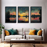 Lakehouse Canvas Print, watercolor painting of a sunset reflected on a lake, 3 Piece Wall Art, Ready To Hang Canvas Print