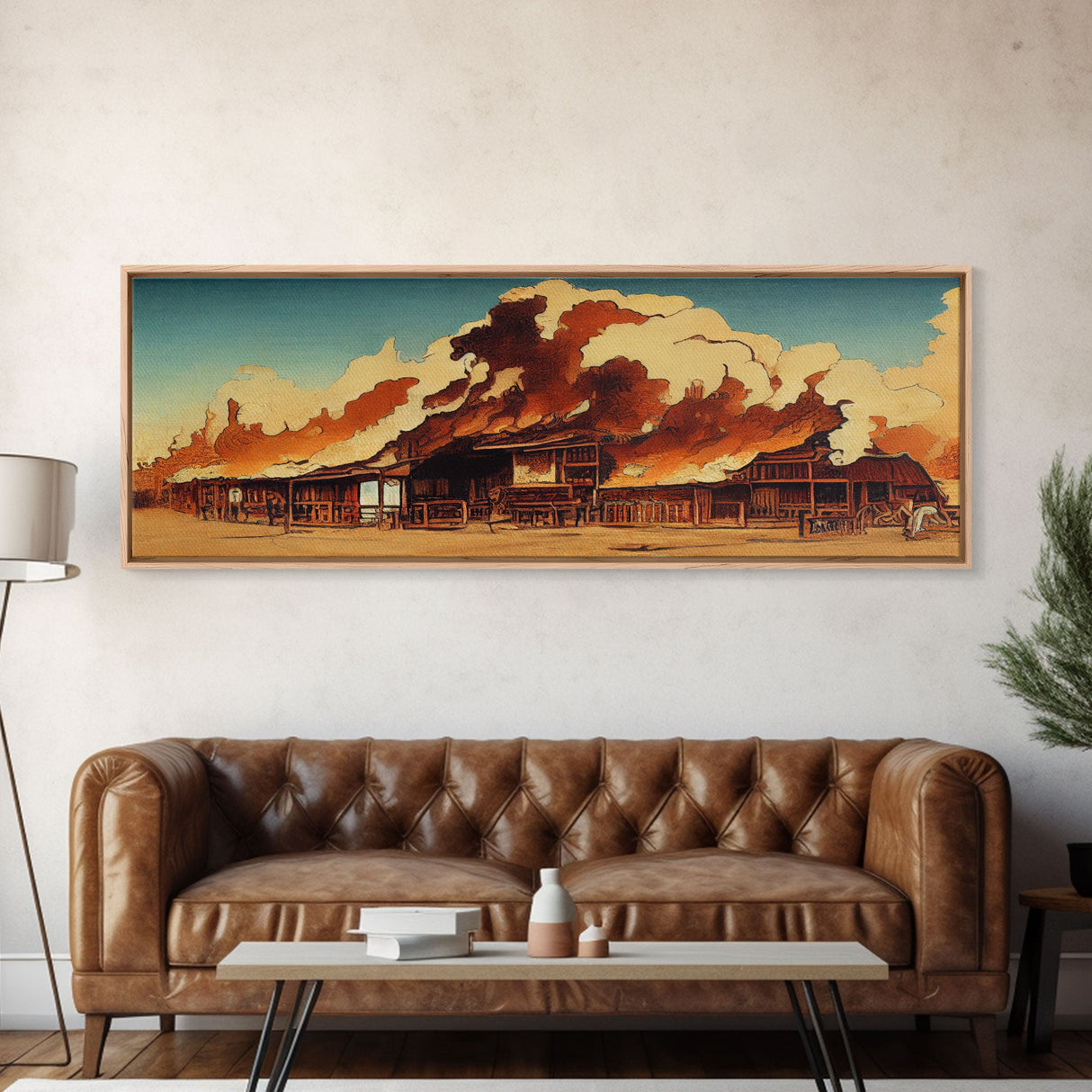 Wild West Canvas Art, Ready To Hang Canvas Print, Panoramic Art, Old West Saloon On Fire