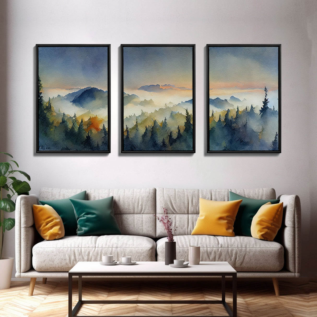 Three Piece Framed Canvas Wall Art Green Mountain Oil Landscape Prints Nature Rustic Home Artwork Decor for Living Room Bedroom, 3 Piece