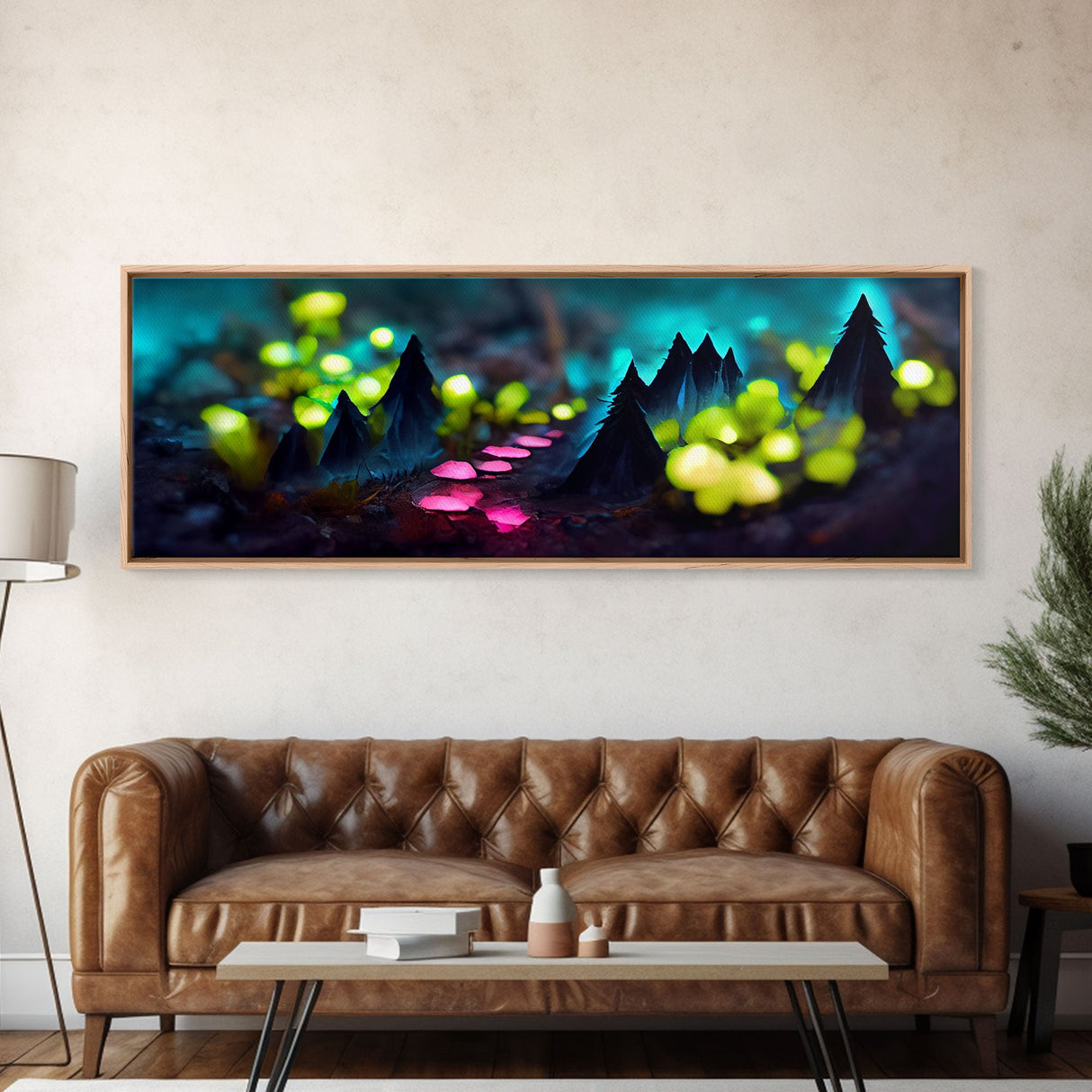 Luminescent trail in the forest, fantasy art, RPG concept art, tiny worlds, glowing mushrooms , Ready To Hang Canvas Print, Panoramic Art,