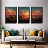 Ocean At Sunset, Lakehouse Wall Decor, 3 Piece Canvas Decor, 3 Piece Wall Art, Ready To Hang Canvas Prints