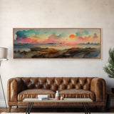 Watercolor Landscape Painting Print, Ready To Hang Panoramic Canvas Print, Whimsical Water Color Sunset, Hazy Smoky Sky