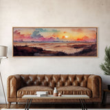 Watercolor Landscape Painting Print, Ready To Hang Panoramic Canvas Print, Whimsical Water Color Sunset, Hazy Smoky Sky, Huge Wall Art