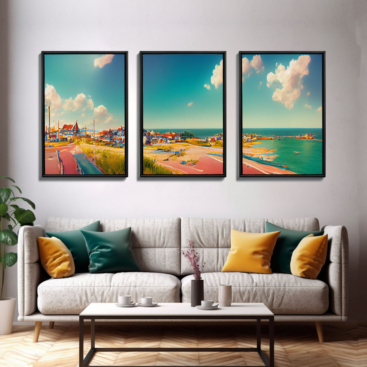 Italian Seaside Village, Cool Beach House Art, Lakehouse Wall Decor, 3 Piece Canvas Decor, 3 Piece Wall Art, Ready To Hang Canvas Prints