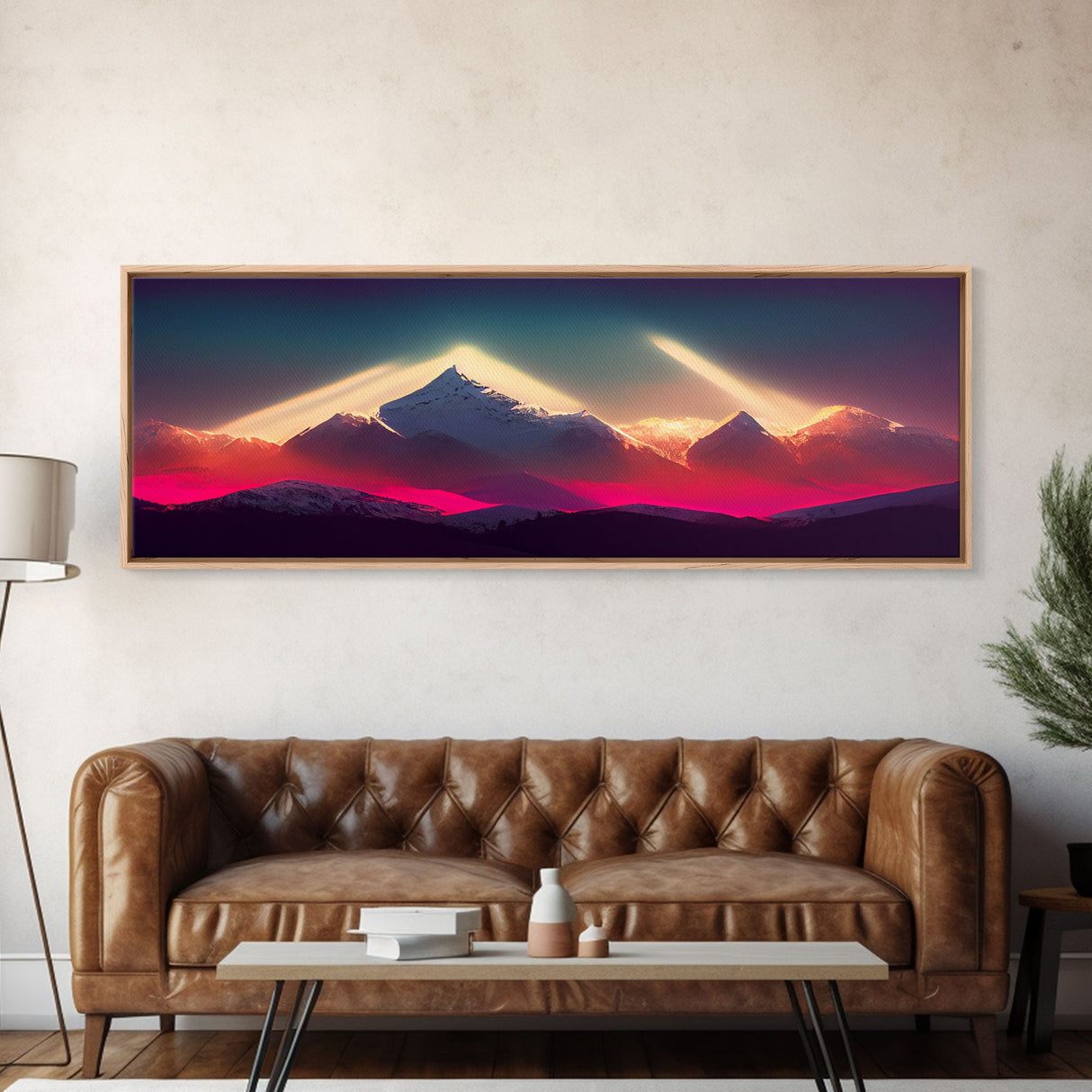 Panoramic Canvas Print, Mountain Sunrise Wall Decor, Cool Wall Art, Ready To Hang, Vaporwave Sunset, Cool Landscape Art