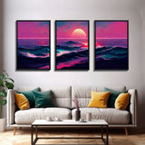 Outrun Style Synthwave Sunset Ocean Waves, 3 Piece Wall Art, Ready To Hang Canvas Print, Cool Unique Lakehouse Wall Art Decor