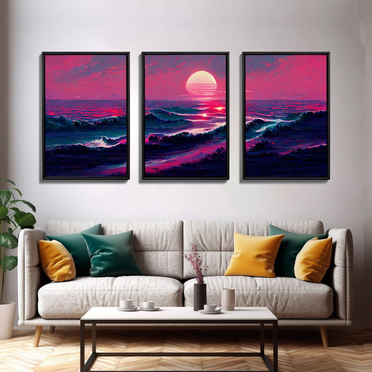 Outrun Style Synthwave Sunset Ocean Waves, 3 Piece Wall Art, Ready To Hang Canvas Print, Cool Unique Lakehouse Wall Art Decor