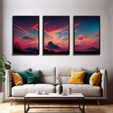 Outrun Style Sunset Over The Mountains, 3 Piece Wall Art, Ready To Hang Canvas Print, Cool Unique Living Room Wall Art Decor