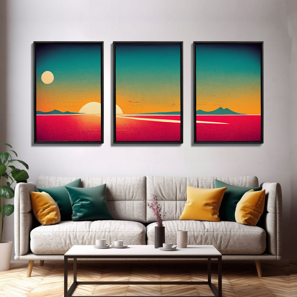 Art Deco Sunset, 3 Piece Wall Art, Ready To Hang Canvas Print, Cool Unique Living Room Wall Art Decor