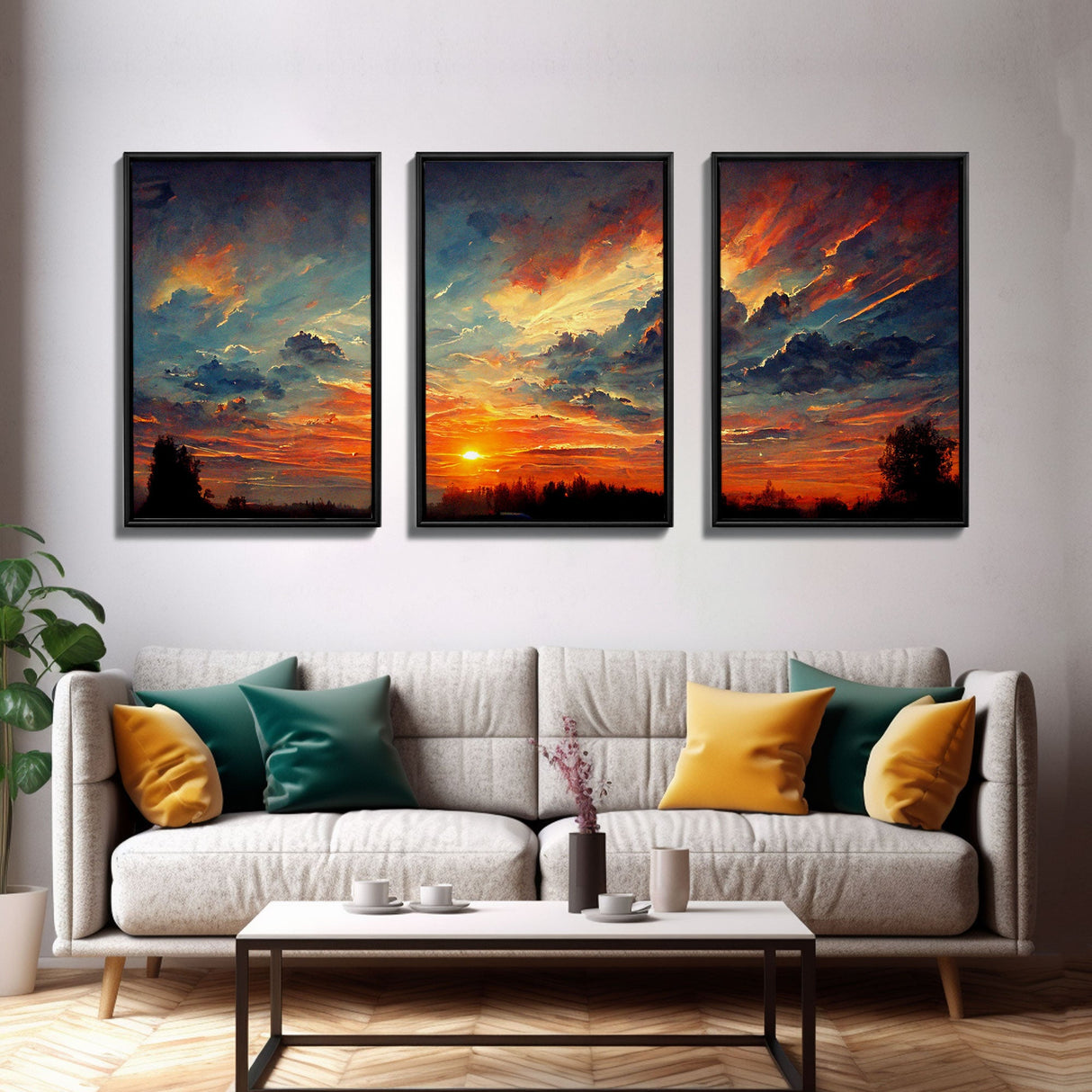 Forest Sunset Wall Decor, Oil Painting Style, 3 Piece Wall Art, Ready To Hang Canvas Print, Cool Unique Living Room Wall Art Decor