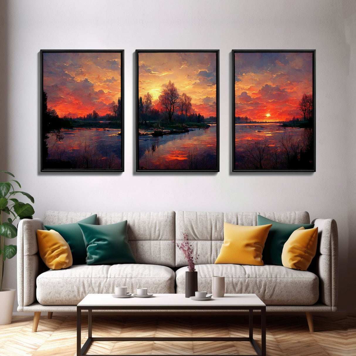 Forest Sunset Wall Decor, Oil Painting Style, 3 Piece Wall Art, Ready To Hang Canvas Print, Cool Unique Living Room Wall Art Decor