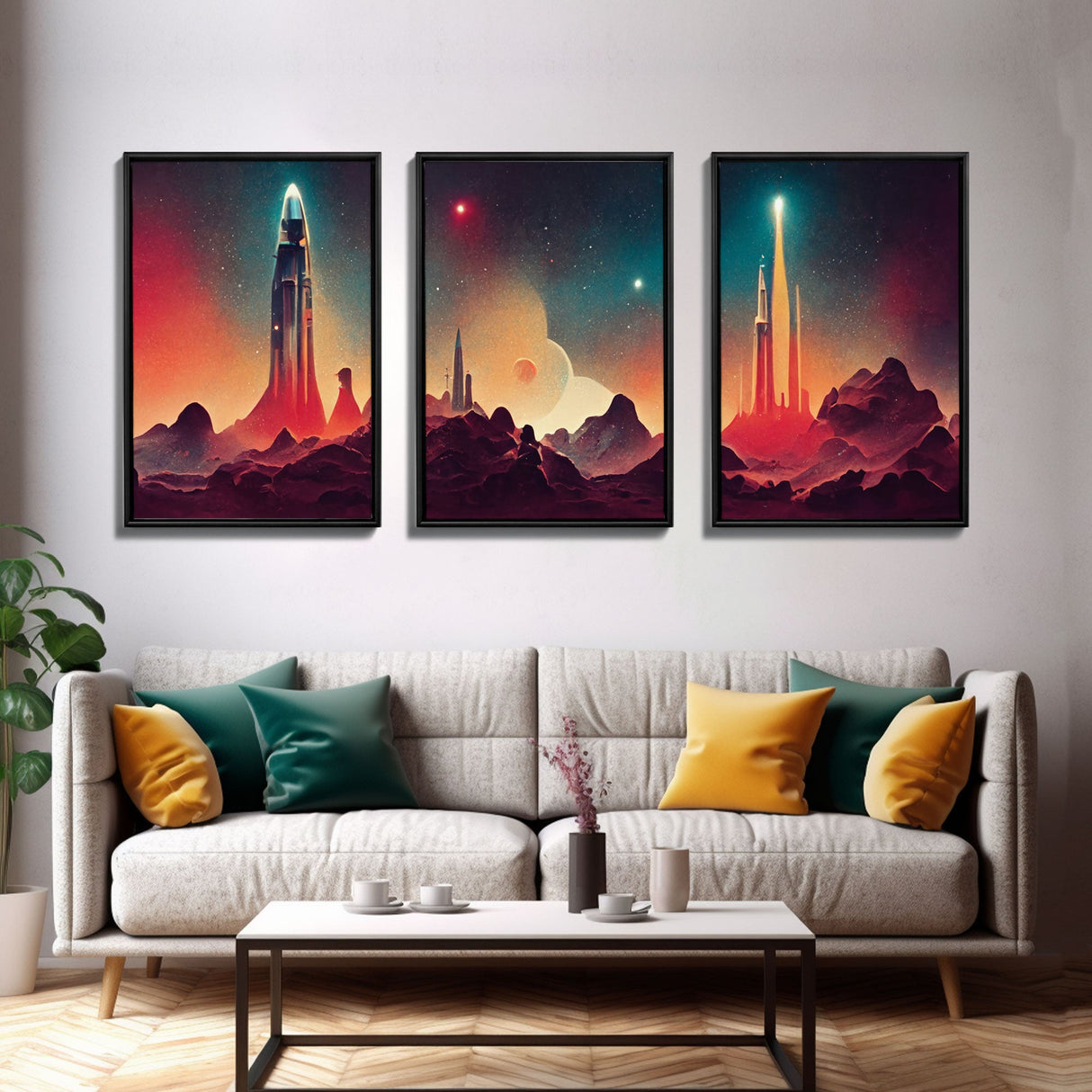 Art Deco Scifi Art, Science Fiction Space Ships, 3 Piece Wall Art, Ready To Hang Canvas Print, Cool Unique Mancave wall Art Decor