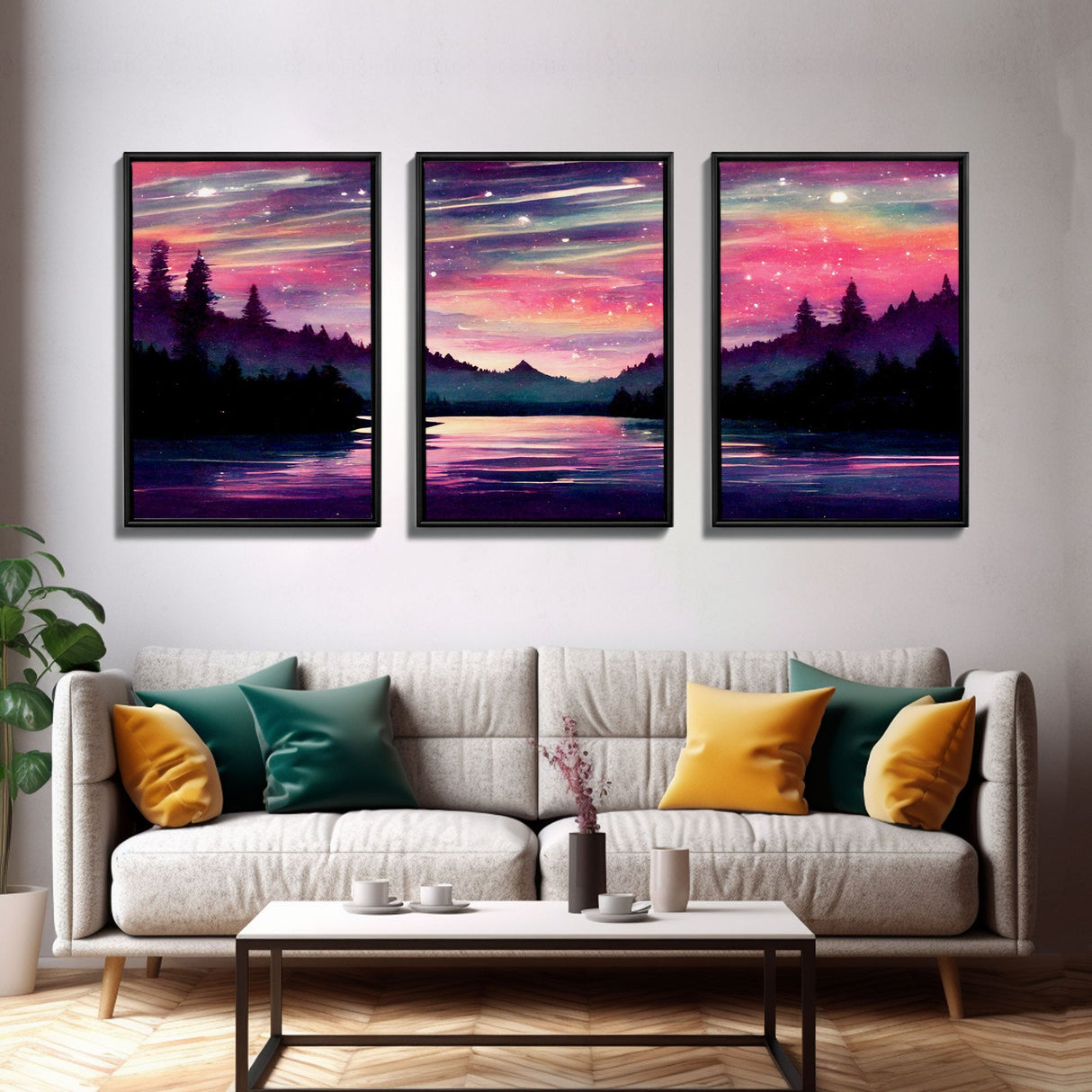 Starry Night Magical Forest Fantasy Landscape, 3 Piece Wall Art, Ready To Hang Canvas Print, Cool Living Room Wall Art Decor