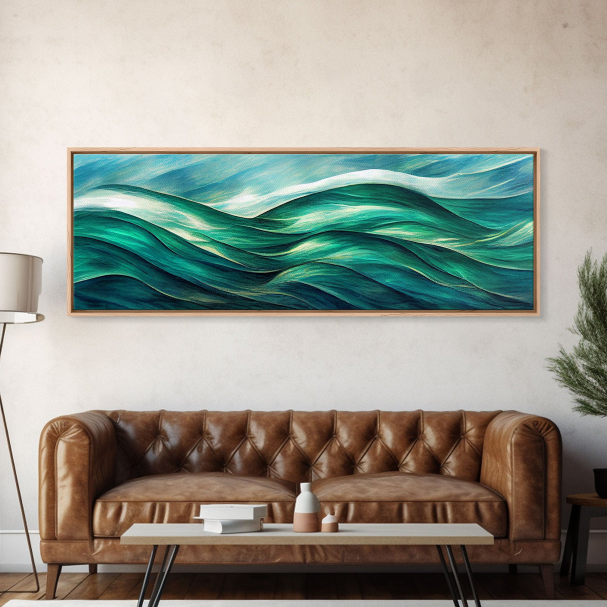 Sea Green Ocean Waves, Ready To Hang Canvas Print, Panoramic Art Deco Style Wall Decor, Emerald Green Wall Art