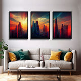 Cyberpunk City At Sunset, Futuristic, 3 Piece Wall Art, Ready To Hang Canvas Print, Cool Living Room Wall Art Decor