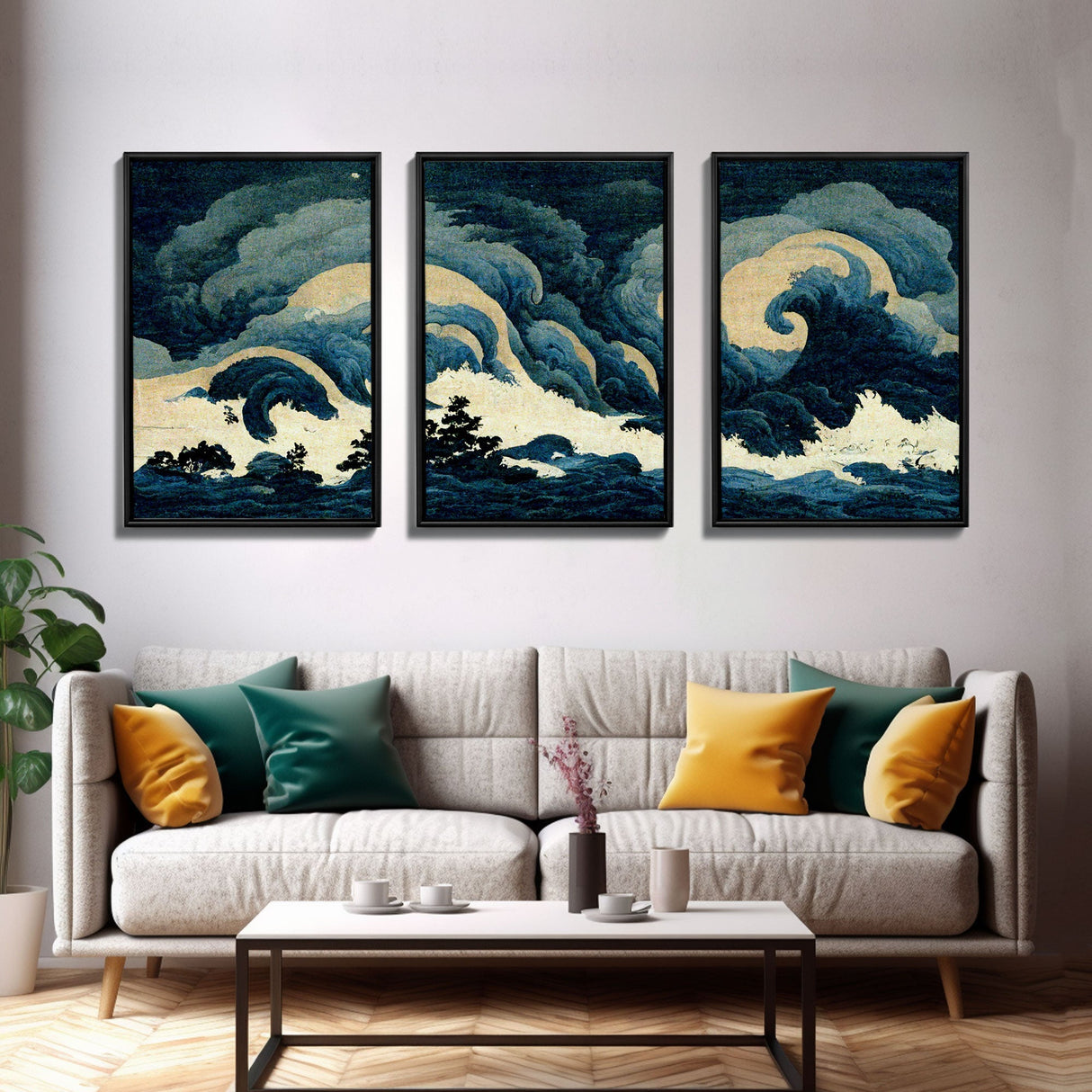 Retro Japanese Style Wave Art, A Storm Torrent, 3 Piece Wall Art, Ready To Hang Canvas Print