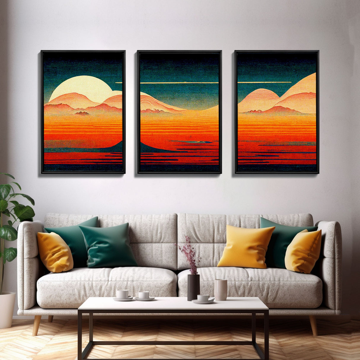 Retro Japanese Style Sunset Art, A Storm Torrent, 3 Piece Wall Art, Ready To Hang Canvas Print