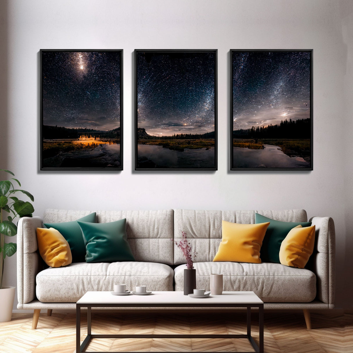 Starry Night Sky Over Montana, travel photography art, 3 Piece Wall Art, Ready To Hang Canvas Print