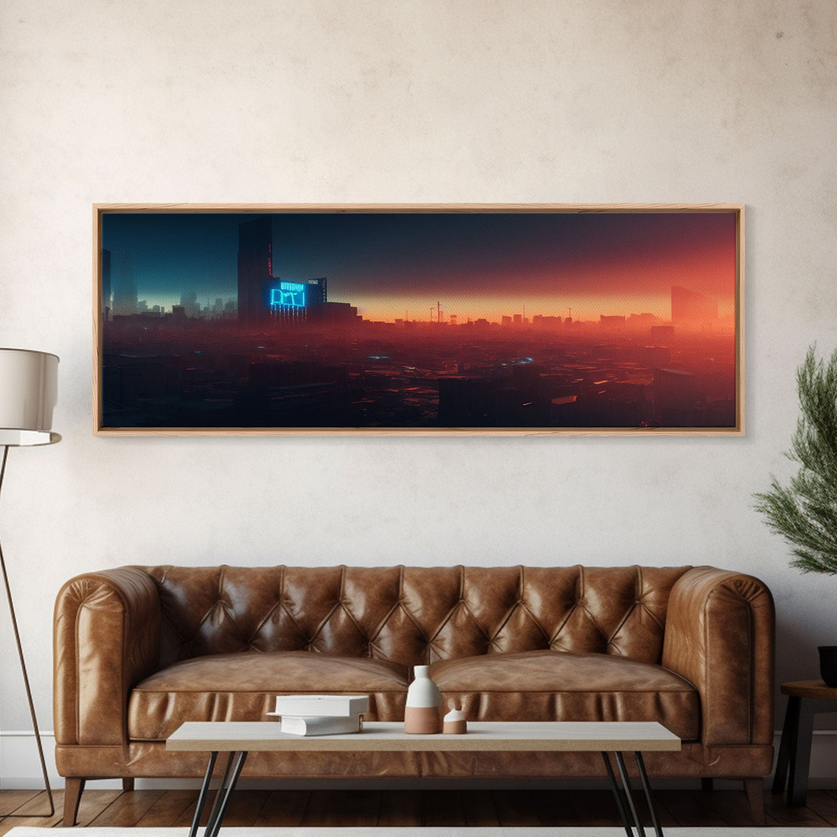 Cyberpunk Cityscape, Ready To Hang Canvas Print, Panoramic, Cyberpunk Concept Art, Cityscape at Sunset, Cool mancave art, gift for him