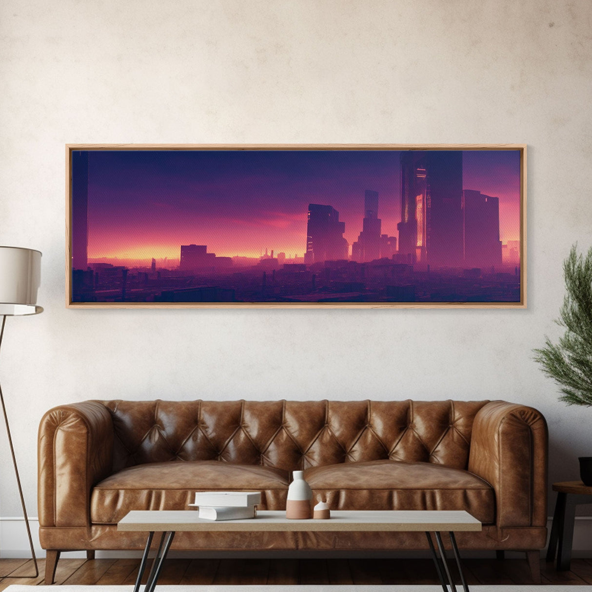 Cyberpunk Cityscape, Ready To Hang Canvas Print, Panoramic, Cyberpunk Concept Art, Cityscape at Sunset, Cool mancave art, Purplewave