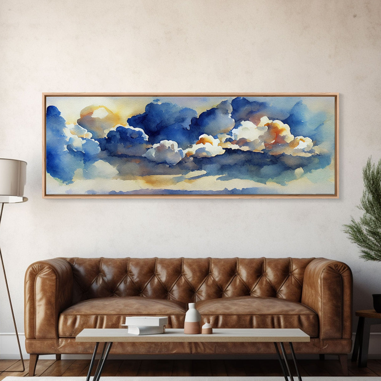 Whimsical Clouds Wall Decor, Ready To Hang Canvas Print, Panoramic, Clouds and Blue Sky, Guest Room Art, Minimalist Decor