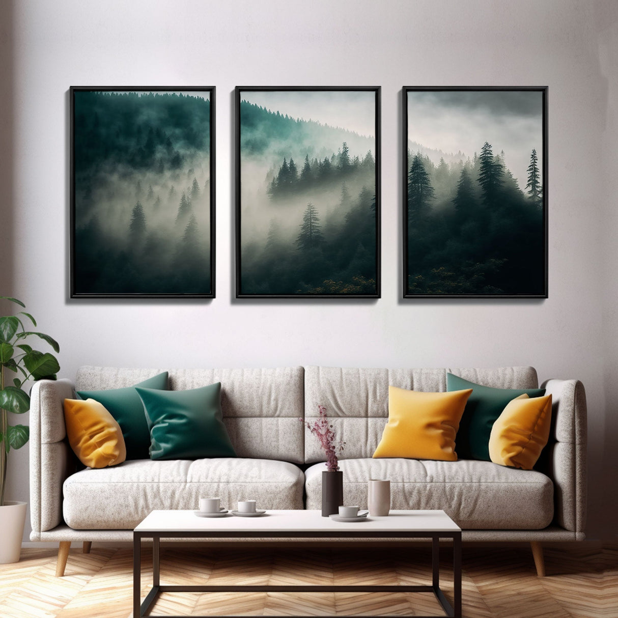 3 piece Misty forest Fog wall art Foggy forest Farmhouse decor Foggy landscape Forest canvas print Multi panel canvas Trendy wall decor