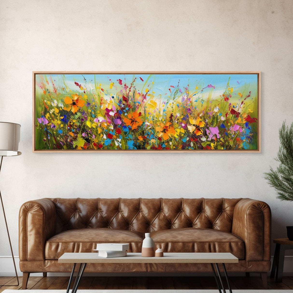 Panoramic Wild Flower Mural Canvas Print, Framed Wall Art, Minimalist Decor, Abstract Oil Painting Of Flowers, Floral Art