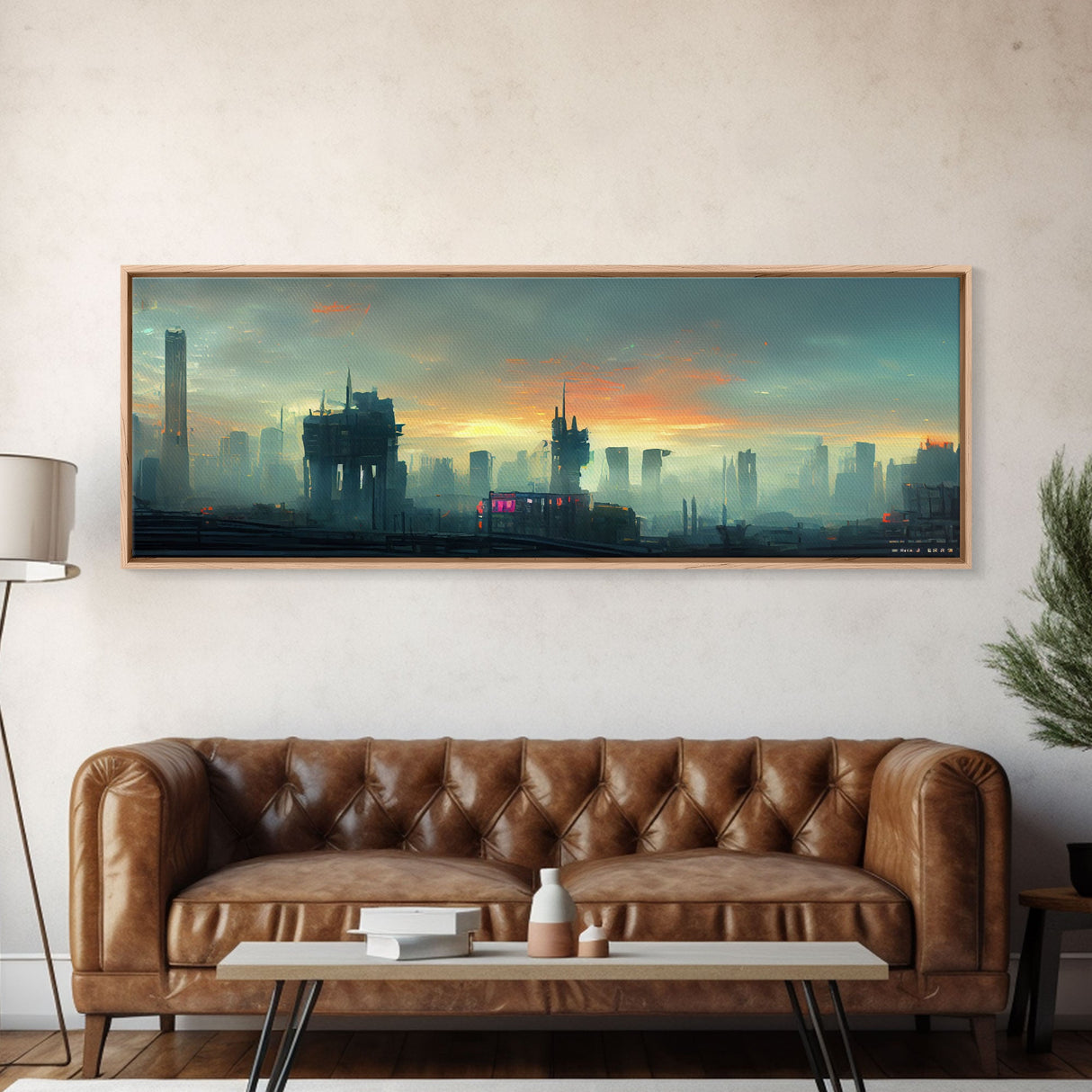 Night City Watercolor, Cyberpunk City, Ready To Hang Canvas Print, Panoramic, Videogame Concept Art, Watercolor Painting Of a Cyberpunk City