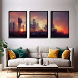 Cyberpunk City, Night City Watercolor, Videogame Concept Art, Watercolor Of a Cyberpunk City 3 Piece Wall Art, Ready To Hang Canvas Print