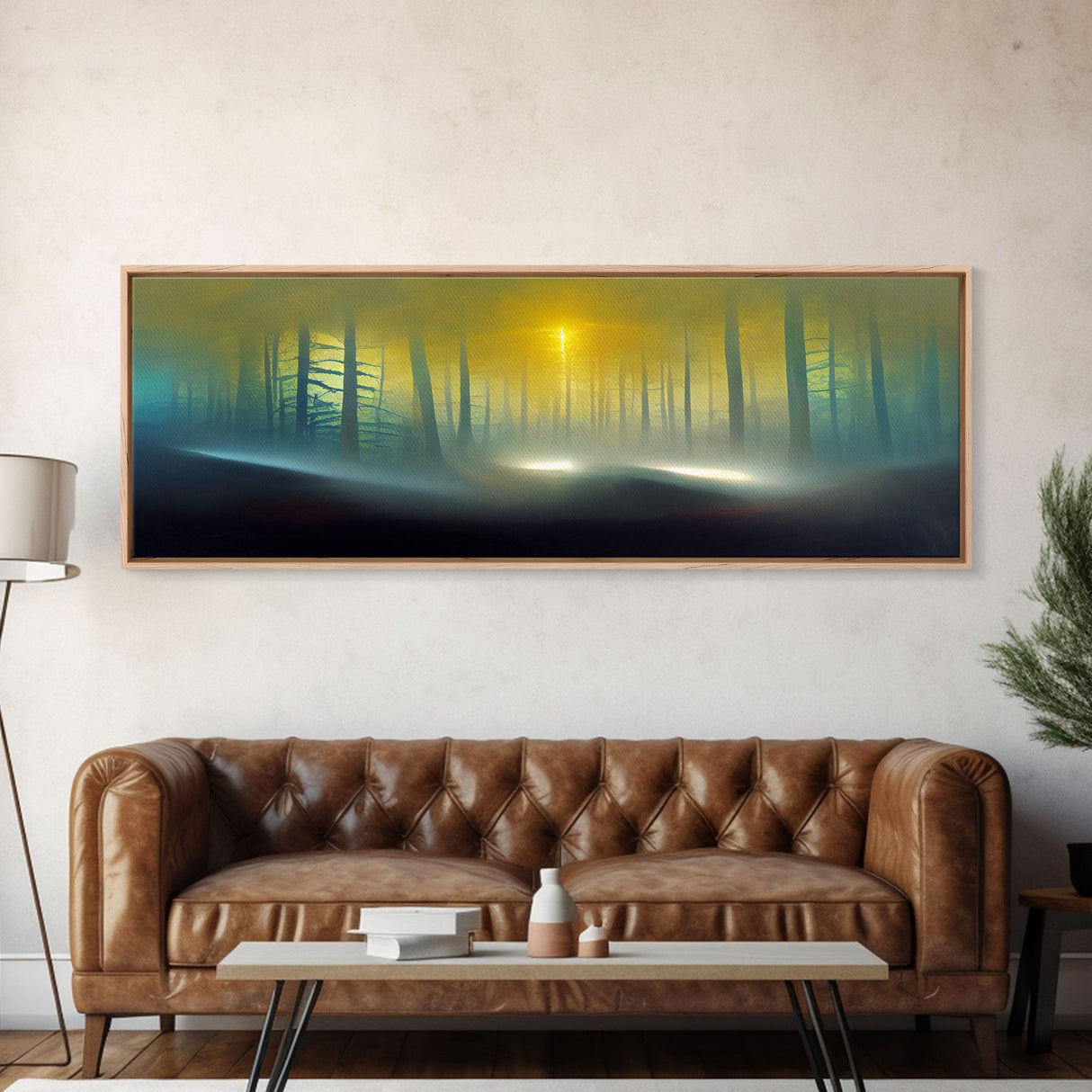 Foggy Forest, UFO Sighting, Ready To Hang Canvas Print, Panoramic Art, Scifi Wall Art