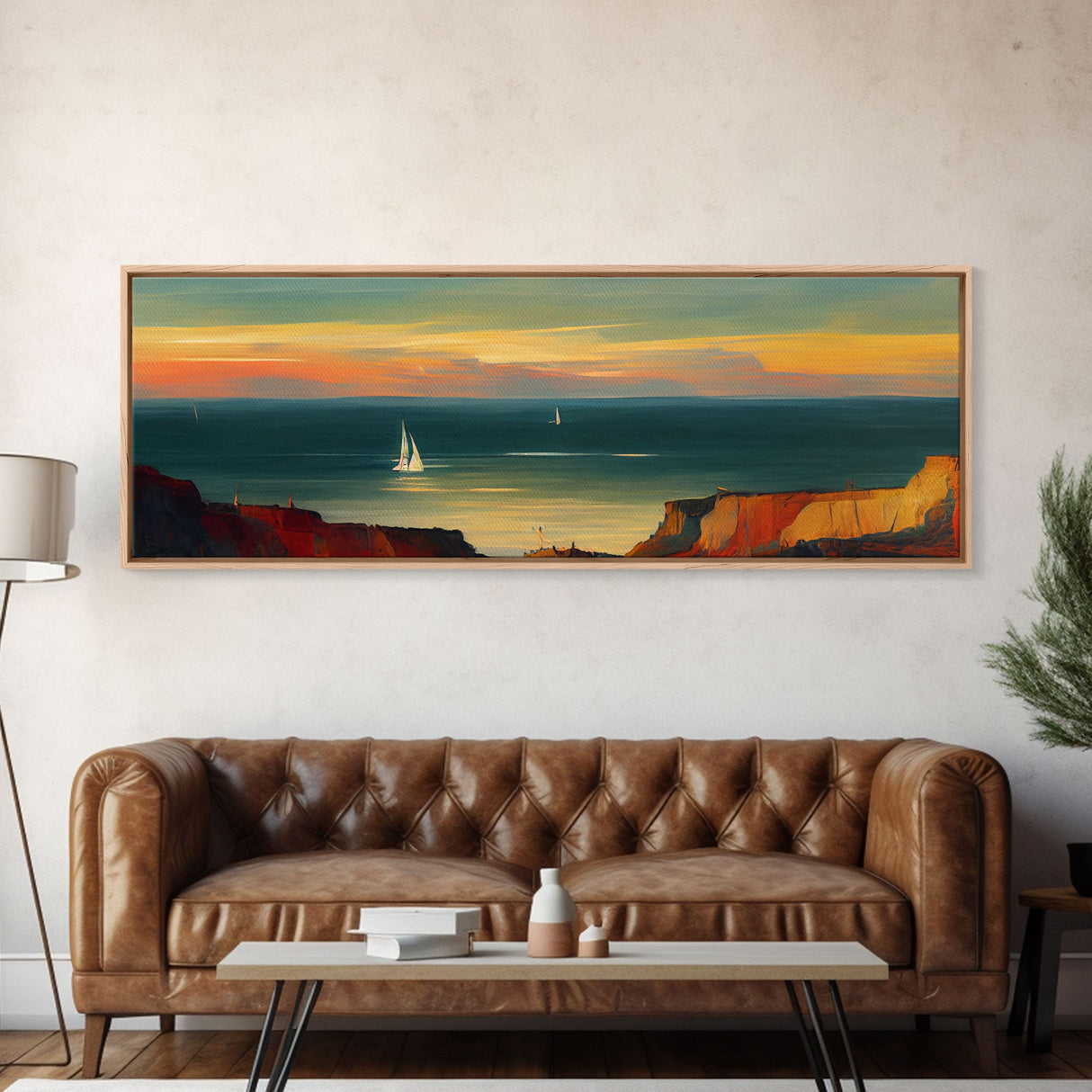 Pueblo Style Wall Decor, Ready To Hang Canvas Print, Panoramic Art, Sailboats On The Open Ocean, Nautical Wall Decor