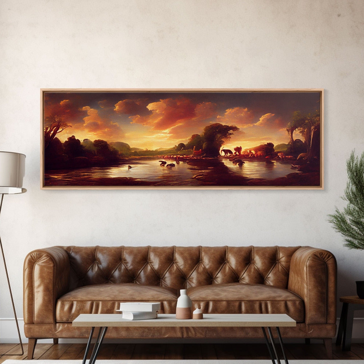 Prehistoric Abstract Landscape Art, Ready To Hang Canvas Print, Panoramic Art, Dinosaurs At Sunset