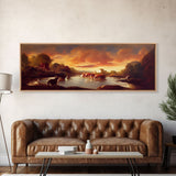 Prehistoric Dinosaur Abstract Landscape Art, Ready To Hang Canvas Print, Panoramic Art, Dinosaurs At Sunset