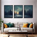 3 Piece Art, Winter Nature Landscape, Framed Canvas Prints, Canvas Art, Large Format Wall Art, Huge Art, Pine Tree Forest Decor