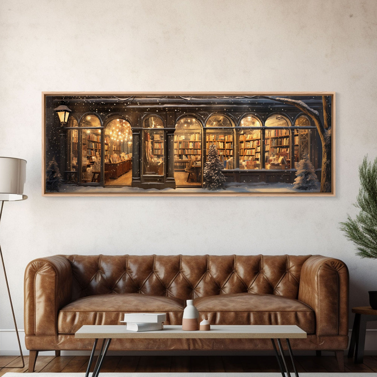 Victorian Library In The Winter, Framed Panoramic Canvas Print, Extra Wide Art, Above Sofa Art, Winter Decor, Christmas Decor, The Book Shop