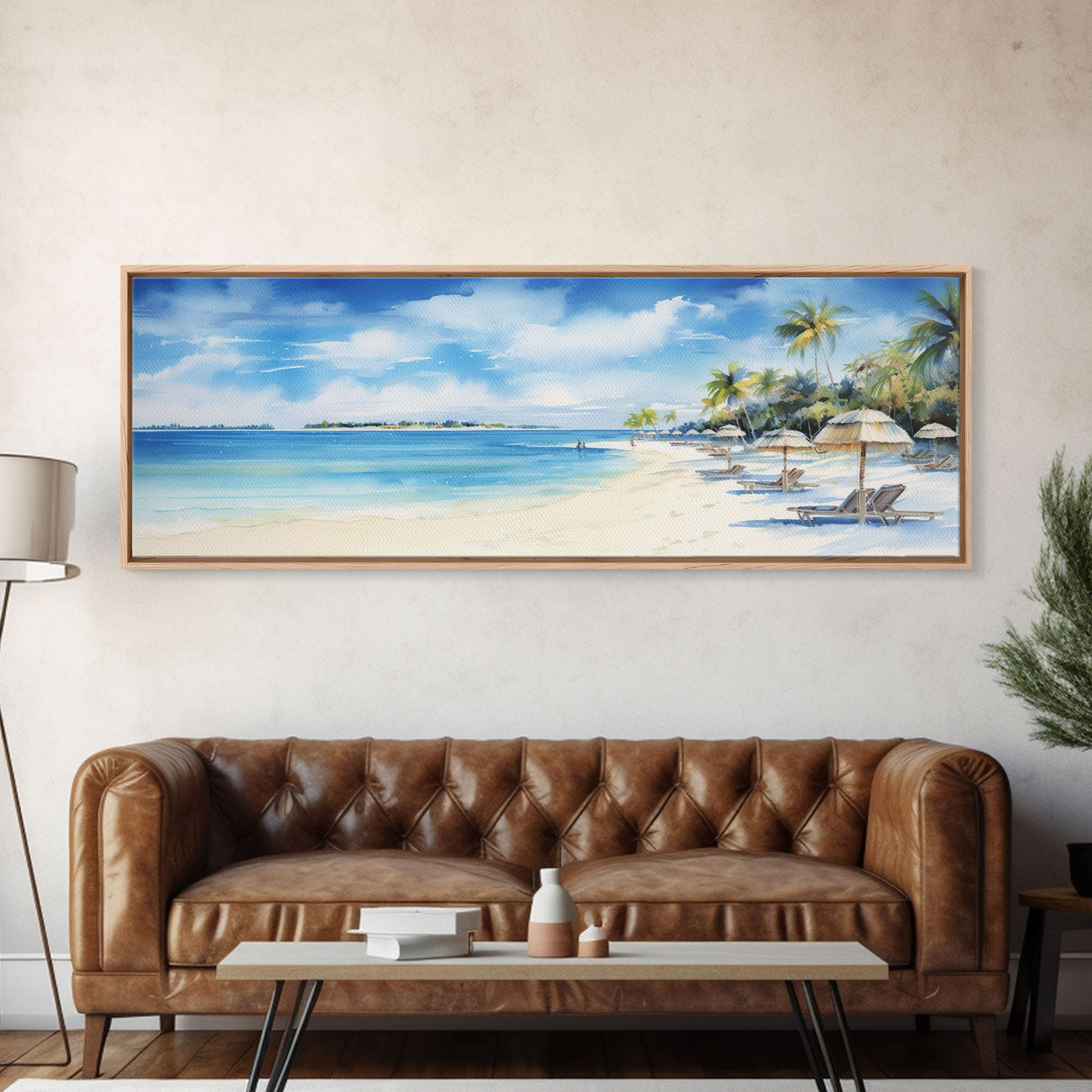 The Joy Of The Beach, Framed Canvas Print, Handmade Wall Art, Extra Large Minimalist Swimming Decor, Abstract Oil Painting, Panoramic Art