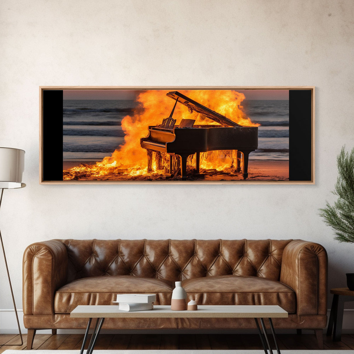 Burning Piano On The Beach, Surreal Art, Framed Canvas Print, Panoramic Wall Art