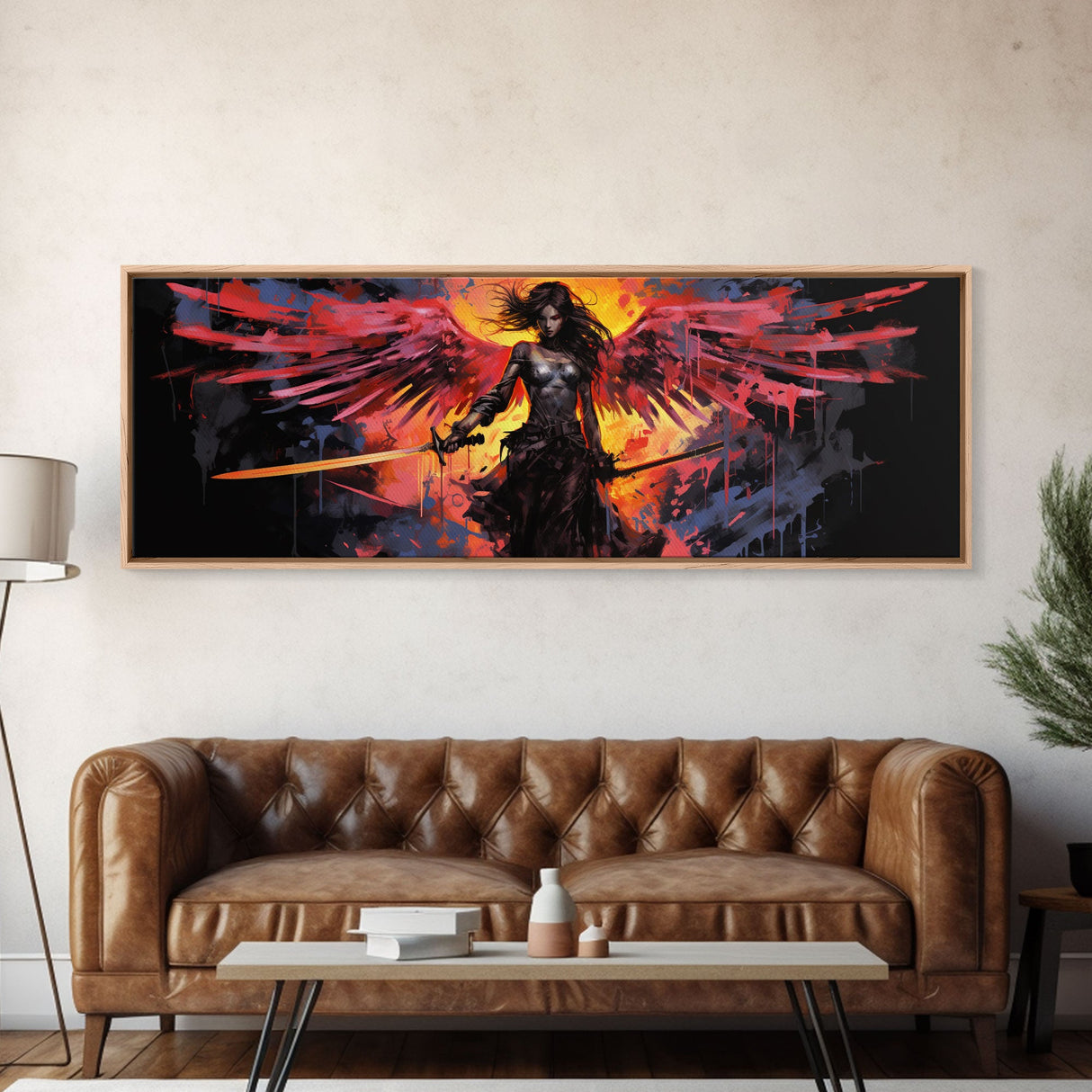 The Battle Angel, Framed Canvas Print, Game Room Art, Panoramic Painting, Panoramic Wall Art, Extra Large Wall Art