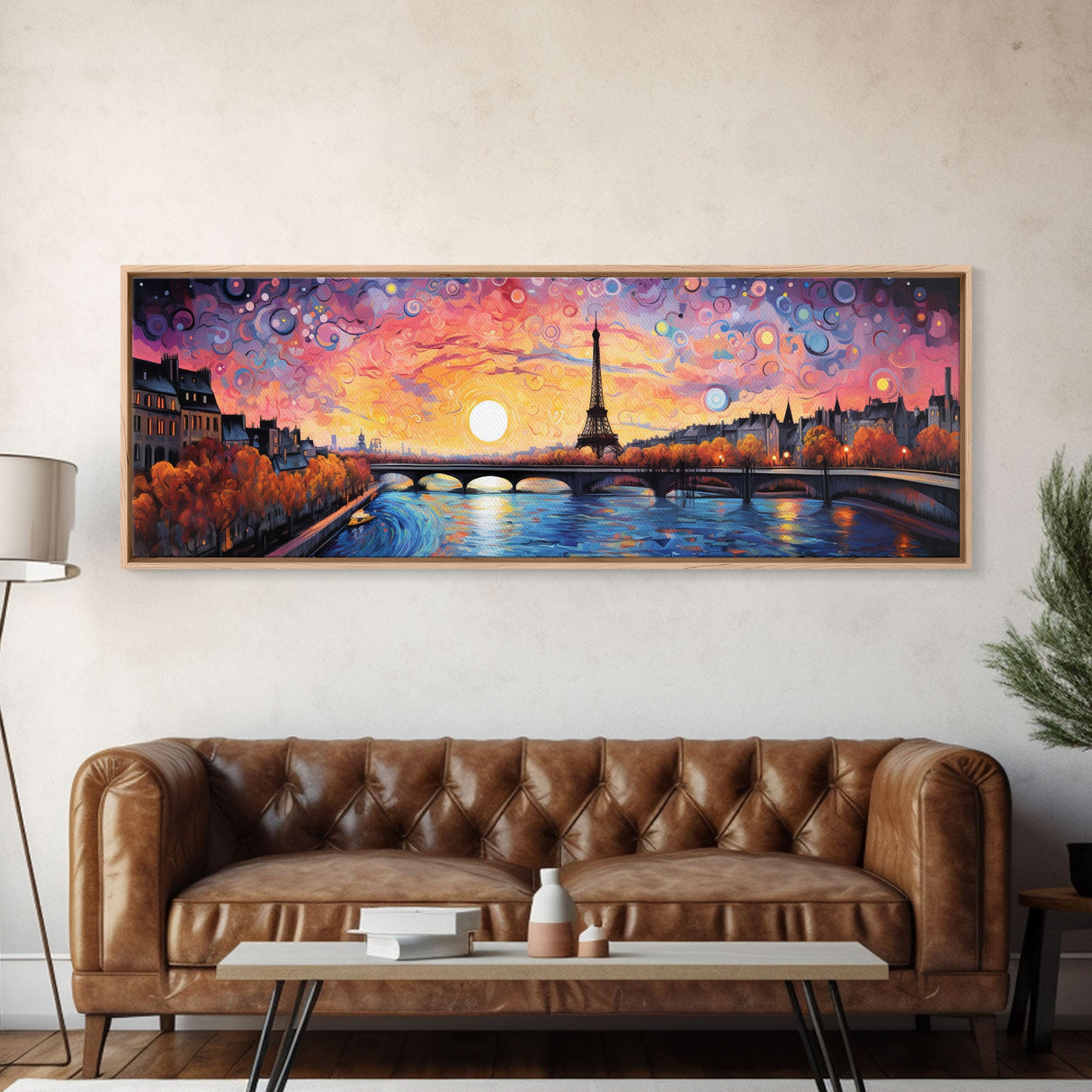 Eiffel Tower Abstract Paris France Panoramic Framed Canvas Print, Van Gogh Inspired Original Painting, Colorful Wall Art