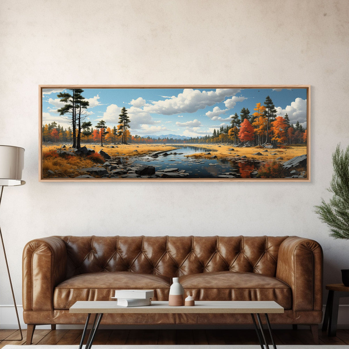 Panoramic Autumn Landscape Painting Framed Canvas Print, Large Wall Art, Fall Centerpiece, Above Fireplace Living Room Art, Mantle Art