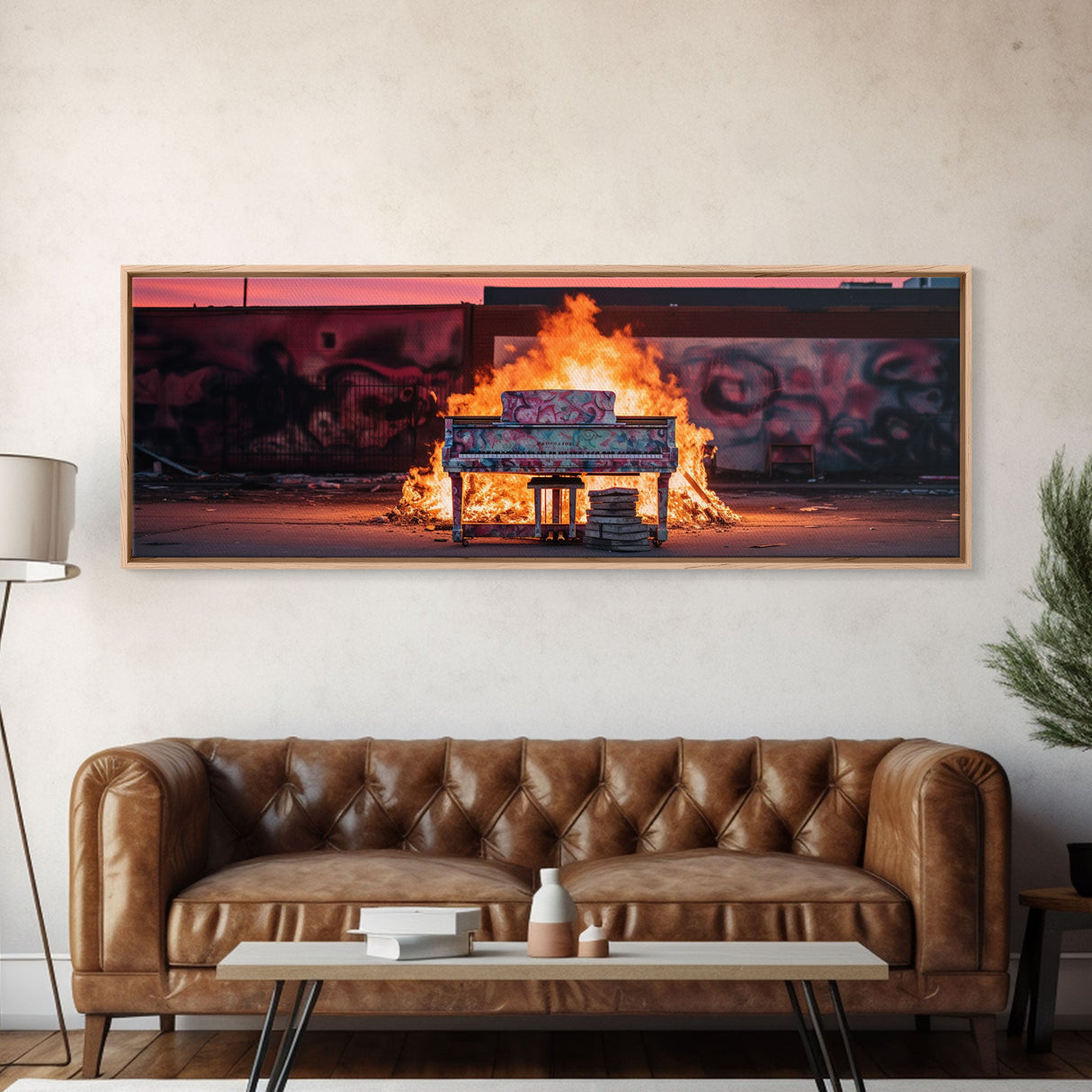 The Burning Piano, Urban Decay Art, Street Art, Framed Canvas Print, Graffiti Art, Panoramic Wall Art