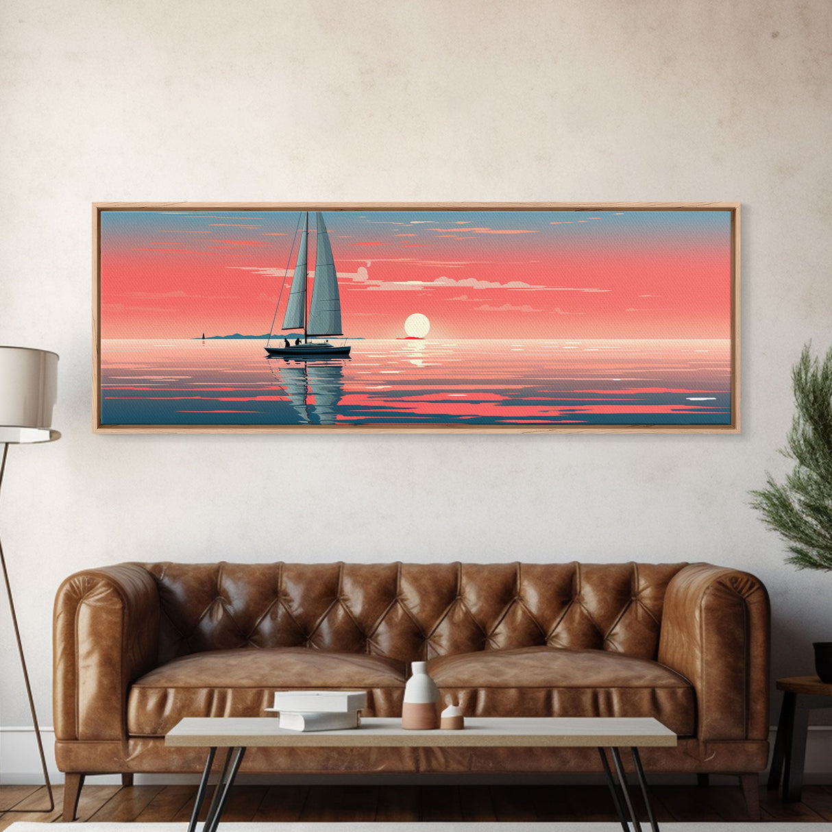 Nautical Decor, Beach Decor, Navy Decor, Coastal Decor, Sailboat At Sunset Framed Canvas Print, Ship Art, Lakehouse Decor, Nautical Painting