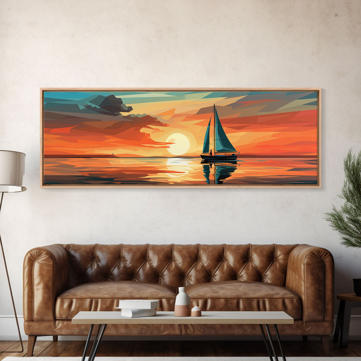 Nautical Decor, Beach Decor, Navy Decor, Coastal Decor, Sailboat At Sunset Framed Canvas Print, Ship Art, Lakehouse Decor, MCM Art