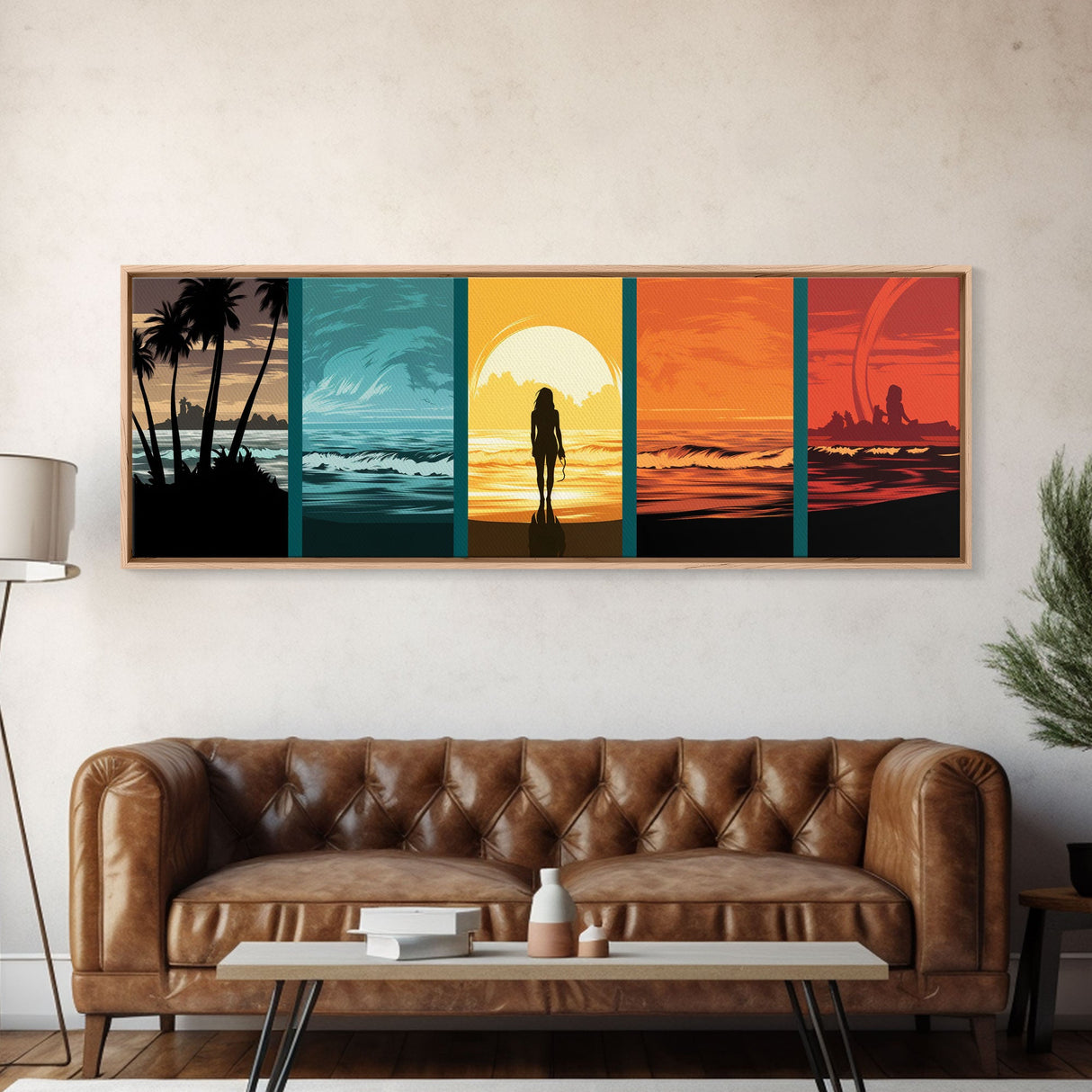 Warhol Inspired Pop Art Print, 6 Phases Of The Ocean Wave, Sunset To Sunrise, Beach Decor, Panoramic Pop Art Painting Framed Canvas Print