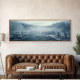 Panoramic Winter Scene Canvas Print, Winter Stream Drone Shot Bird's Eye View, Rustic Winter Centerpiece Wall Art, Panoramic Art