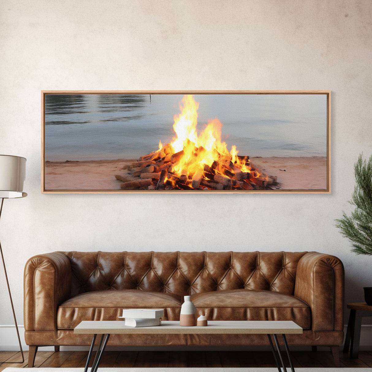 Campfire On The Beach, Framed Canvas Print, Lakehouse Wall Art, Ocean Decor, Ocean Wall Art, Home & Office Decoration