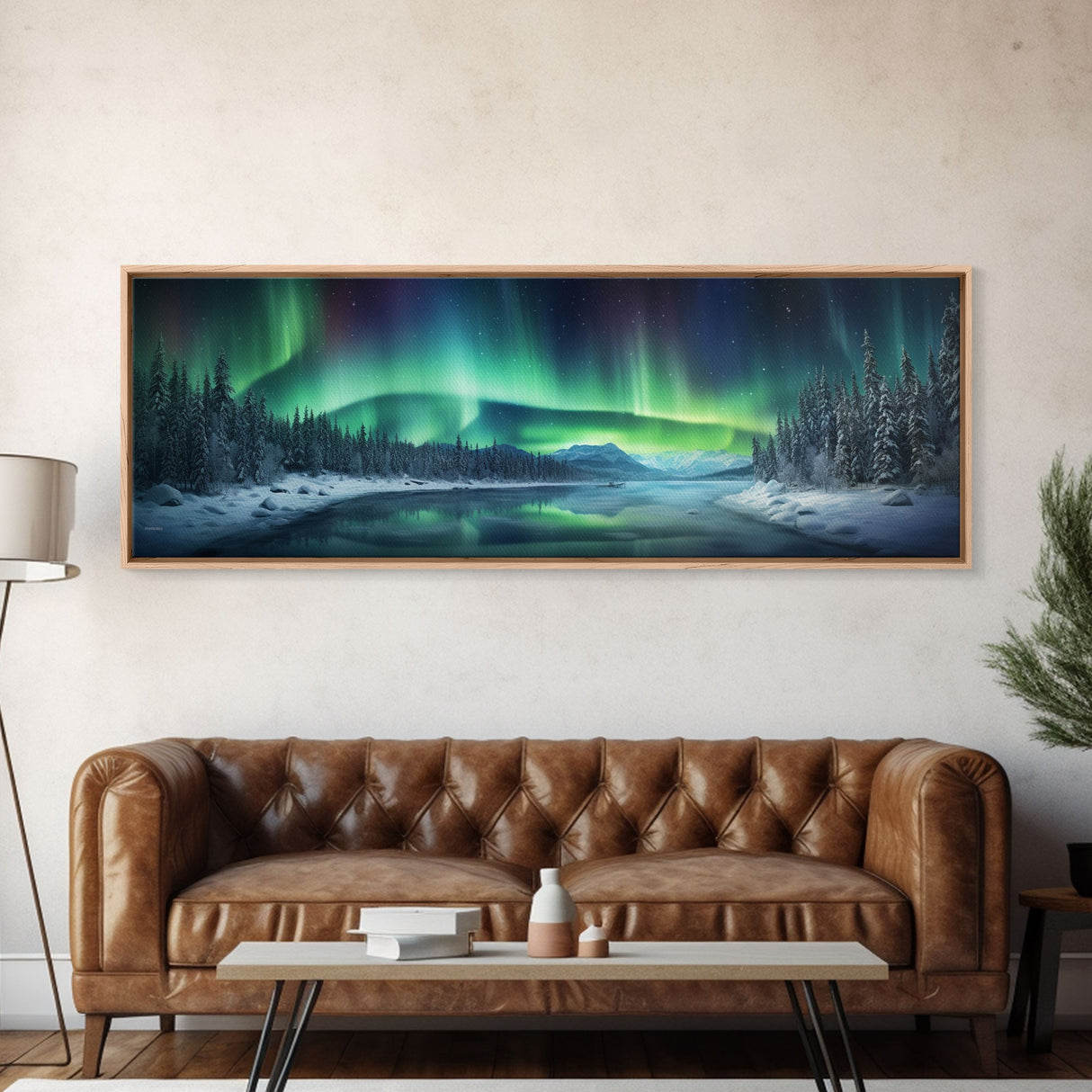 Panoramic Aurora Borealis Wall Art, Framed Canvas Print, Snowy Winter Landscape Painting, Winter Centerpiece Wall Art