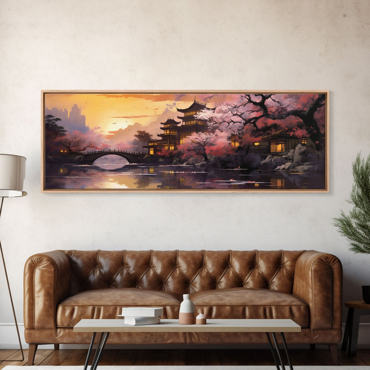 Dawn In Kyoto, Japan - Framed Canvas Print - Panoramic Painting Wall Art - Cute Wall Decor - Japanese Style Art